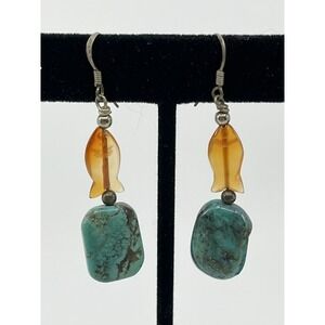Lucite Fish & turquoise dangle earrings 2" Long Western Outdoors Aztec Country‎